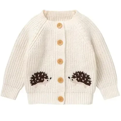 Opewod Baby Boy Girl Knit Cardigan Sweater Soft Warm Crochet Round Neck Long Sleeve Coat Toddler Outwear Fall Winter Clothes - 1
