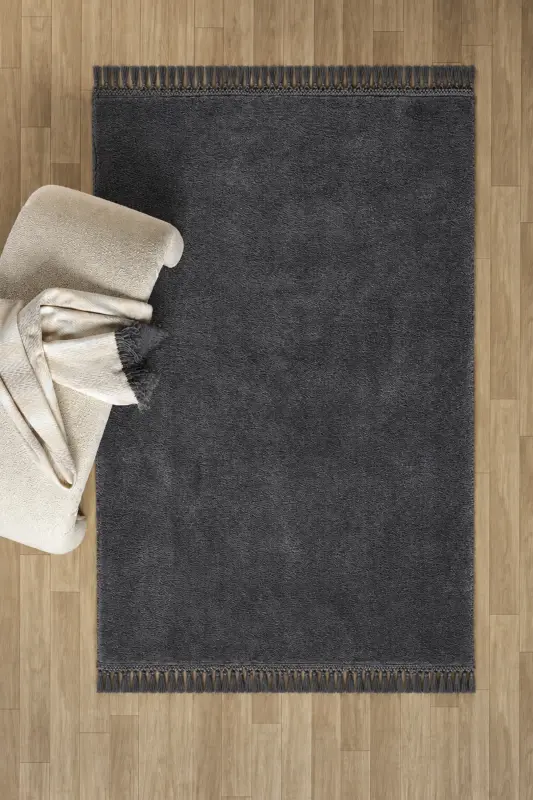 Örgü Saçaklı Peluş Kaymaz Taban Yıkanabilir Yumuşak Salon Yatak Odası Halısı Kilim Antrasit - Antrasittyz - 1