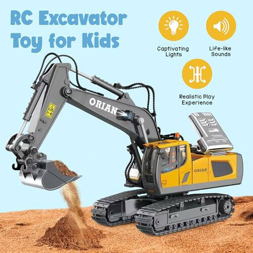 Orian Remote Control Excavator Toy for Boys 4-7 - RC Excavator Toy Turns 680 Degree-2 Batteries – Excavator Toys for Boys with Realistic Lights & Sounds– Backhoe with Metal Shovel Gifts - 2