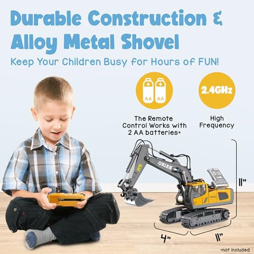 Orian Remote Control Excavator Toy for Boys 4-7 - RC Excavator Toy Turns 680 Degree-2 Batteries – Excavator Toys for Boys with Realistic Lights & Sounds– Backhoe with Metal Shovel Gifts - 3