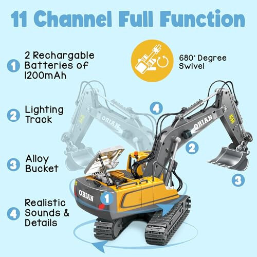 Orian Remote Control Excavator Toy for Boys 4-7 - RC Excavator Toy Turns 680 Degree-2 Batteries – Excavator Toys for Boys with Realistic Lights & Sounds– Backhoe with Metal Shovel Gifts - 4