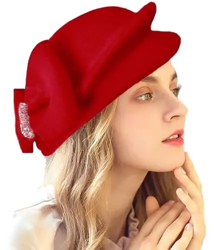 ORIDOOR Women Vintage 100% Wool Felt Flowers Bucket Cloche Bowler Hat Church Wedding Beret Hat - 2