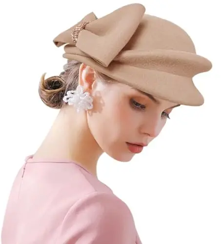ORIDOOR Women Vintage 100% Wool Felt Flowers Bucket Cloche Bowler Hat Church Wedding Beret Hat 