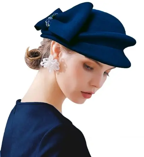 ORIDOOR Women Vintage 100% Wool Felt Flowers Bucket Cloche Bowler Hat Church Wedding Beret Hat - ORIDOOR