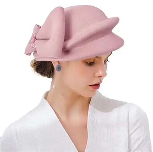 ORIDOOR Women Vintage 100% Wool Felt Flowers Bucket Cloche Bowler Hat Church Wedding Beret Hat - 2