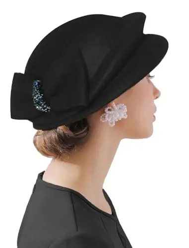 ORIDOOR Women Vintage 100% Wool Felt Flowers Bucket Cloche Bowler Hat Church Wedding Beret Hat - 2