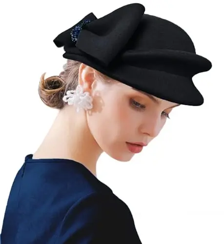 ORIDOOR Women Vintage 100% Wool Felt Flowers Bucket Cloche Bowler Hat Church Wedding Beret Hat 