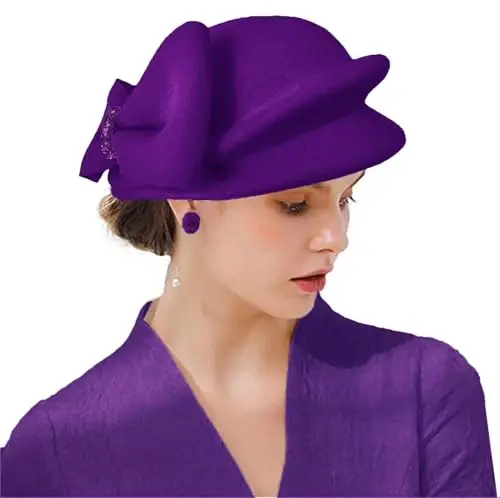 ORIDOOR Women Vintage 100% Wool Felt Flowers Bucket Cloche Bowler Hat Church Wedding Beret Hat - 1