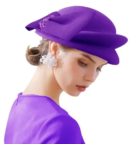 ORIDOOR Women Vintage 100% Wool Felt Flowers Bucket Cloche Bowler Hat Church Wedding Beret Hat - 3
