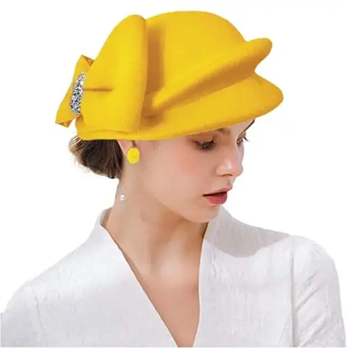 ORIDOOR Women Vintage 100% Wool Felt Flowers Bucket Cloche Bowler Hat Church Wedding Beret Hat - 2
