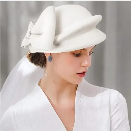 ORIDOOR Women Vintage 100% Wool Felt Flowers Bucket Cloche Bowler Hat Church Wedding Beret Hat - 4