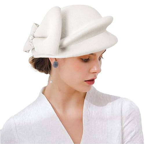 ORIDOOR Women Vintage 100% Wool Felt Flowers Bucket Cloche Bowler Hat Church Wedding Beret Hat - 15