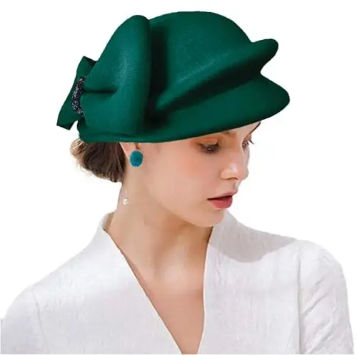 ORIDOOR Women Vintage 100% Wool Felt Flowers Bucket Cloche Bowler Hat Church Wedding Beret Hat - 2