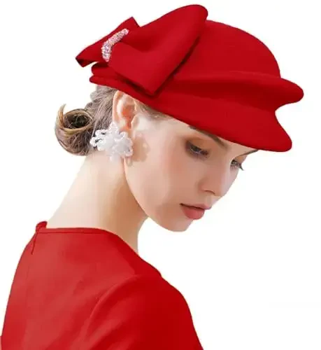 ORIDOOR Women Vintage 100% Wool Felt Flowers Bucket Cloche Bowler Hat Church Wedding Beret Hat - 1