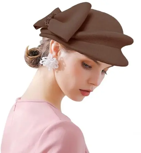 ORIDOOR Women Vintage 100% Wool Felt Flowers Bucket Cloche Bowler Hat Church Wedding Beret Hat - 1