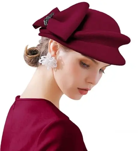 ORIDOOR Women Vintage 100% Wool Felt Flowers Bucket Cloche Bowler Hat Church Wedding Beret Hat 