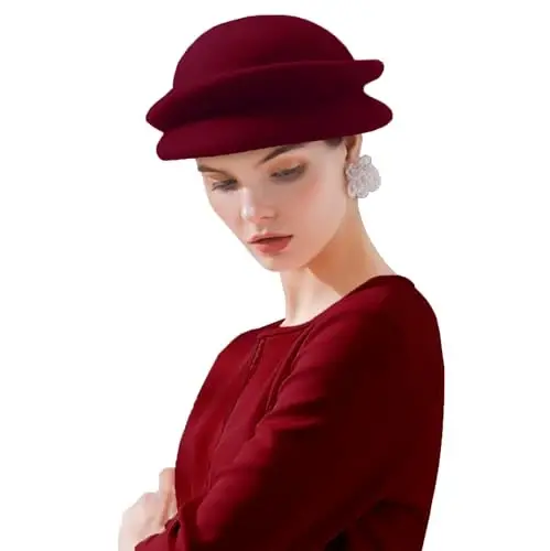 ORIDOOR Women Vintage 100% Wool Felt Flowers Bucket Cloche Bowler Hat Church Wedding Beret Hat - 2