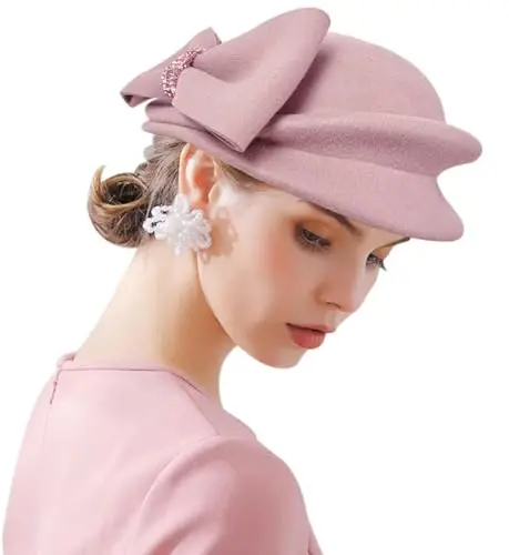 ORIDOOR Women Vintage 100% Wool Felt Flowers Bucket Cloche Bowler Hat Church Wedding Beret Hat 