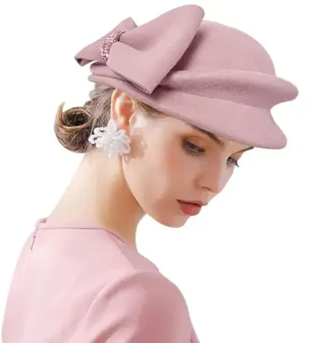 ORIDOOR Women Vintage 100% Wool Felt Flowers Bucket Cloche Bowler Hat Church Wedding Beret Hat - 1