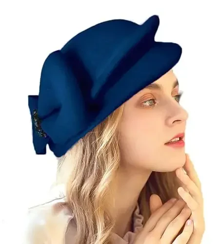 ORIDOOR Women Vintage 100% Wool Felt Flowers Bucket Cloche Bowler Hat Church Wedding Beret Hat - 2