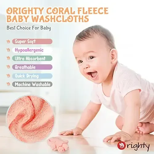 Orighty Baby Washcloths 12 Pack, Microfiber Coral Fleece Baby Face Towels, Soft and Absorbent Wash Cloths for Newborns, Infants and Toddlers, Gentle on Delicate Skin for Face Hands and Body, 7x9 Inch - 2