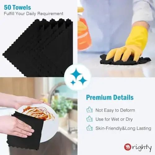 Orighty Black Microfiber Tozalash Mato, 50 Pack Yuqori Absorbsiyalovchi Tozalash Materiallari, Tuklarsiz Oshxona Sochiqlari Tozalash Latta, Avtomobillar uchun Mikrofiber Sochiqlar, Uy, Oyna, 12x12 dyuym - 5