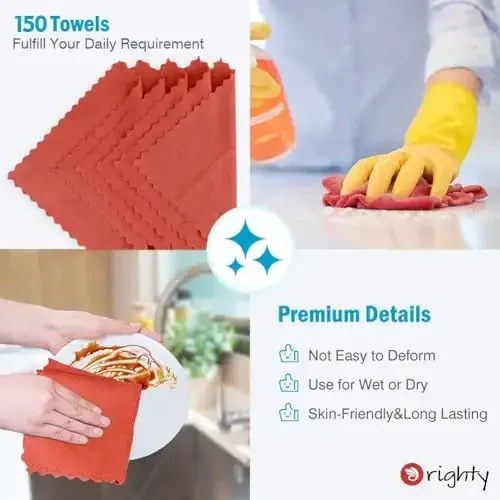 Orighty Cleaning Cloths Bulk, 150 Pack Shop Rags Reusable, Multi-Purpose Shop Towels for Cars, Microfiber Cleaning Rags for Automotive, Mechanic, Kitchen, Lint Free Towels 11.5’’ x 11.5’’, Red - 5