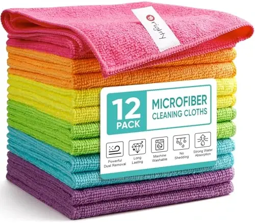 Orighty Cleaning Cloths Pack of 12, Highly Absorbent Microfiber Cleaning Supplies, Lint Free Cloths for Multiple-use, Powerful Dust Removal Cleaning Rags for House, Kitchen, Car Care(12x12 inch) 
