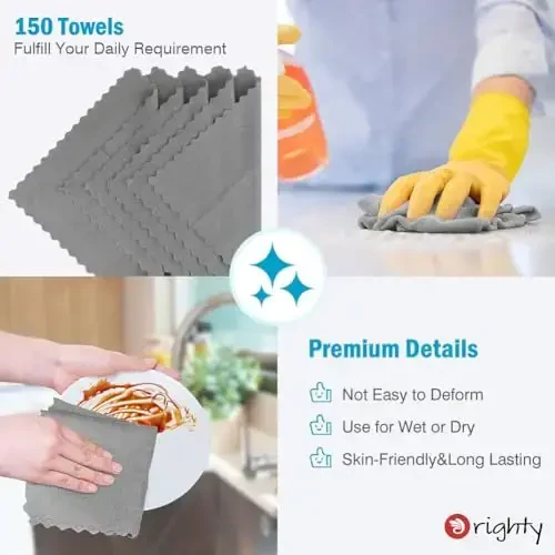 Orighty Grey Microfiber Cleaning Cloth, 150 Pack Highly Absorbent Cleaning Supplies, Lint Free Kitchen Towels Cleaning Rags, Microfiber Towels for Cars, House, Window, 12x12 inch - 5
