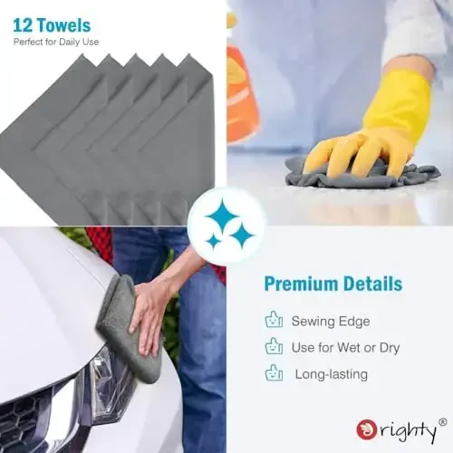 Orighty Microfiber Cleaning Cloth, 12 Pack Microfiber Towels for Cars, Highly Absorbent Car Cleaning Supplies, Lint Free Cloths Clean Rags for Car Care, House, Kitchen, 12x12 inch, Grey - 7