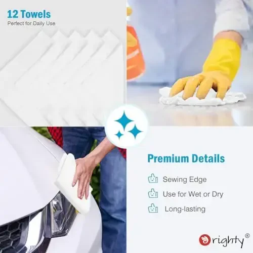 Orighty Microfiber Cleaning Cloth, 12 Pack Microfiber Towels for Cars, Highly Absorbent Car Cleaning Supplies, Lint Free Cloths Clean Rags for Car Care, House, Kitchen, 12x12 inch, White - 7