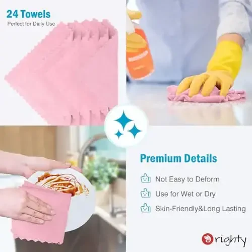 Orighty Microfiber Cleaning Cloth, 24 Pack Highly Absorbent Cleaning Supplies, Reusable Clean Rags for House, Microfiber Cloth for Kitchen, Window, Car Care, 11.5x11.5 inch Pink - 6