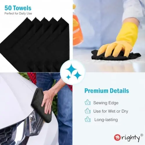 Orighty Microfiber Cleaning Cloth, Black Cleaning Towels 50 Pack, 12x11 in | Soft Highly Absorbent Cleaning Rag, Reusable Lint Free Cloths for Car Care, House, Kitchen, Window and Glass - 5