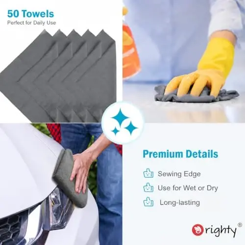 Orighty Microfiber Cleaning Cloth, Grey Cleaning Towels 50 Pack, 12x11 in | Soft Highly Absorbent Cleaning Rag, Reusable Lint Free Cloths for Car Care, House, Kitchen, Window and Glass - 6