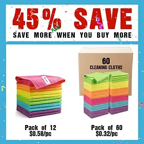 Orighty Microfiber Cleaning Cloth Pack of 60, Avtomobillar uchun mikrofiber sochiqlar, Yuqori darajada shimuvchan avtomobil tozalash materiallari, Tolasiz matolar, Avtomobilga qarash, uy, oshxona uchun toza lattalar, 12x12 dyuym - ORIGHTY (1)