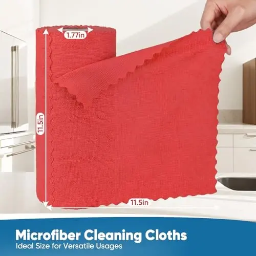 Orighty Microfiber Cleaning Cloths, 75 Sheets Shop Towels, Reusable Paper Towels Shop Rags, Washable Microfiber Towel Roll Cleaning Rags for Cars, House, Kitchen, 11.5’’ x 11.5’’, Red - 4