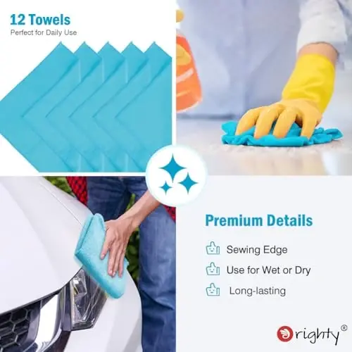 Orighty Microfiber Cleaning Cloth, 12 Pack Microfiber Towels for Cars, Highly Absorbent Car Cleaning Supplies, Lint Free Cloths Clean Rags for Car Care, House, Kitchen, 12x11 inch, Blue - 5