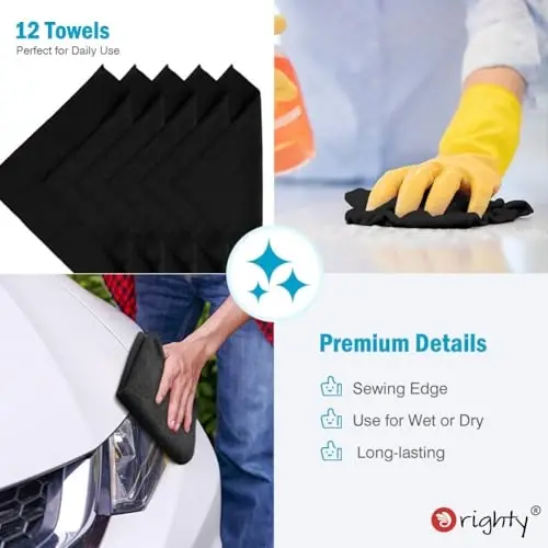 Orighty Microfiber Cleaning Cloth, 12 Pack Microfiber Towels for Cars, Highly Absorbent Car Cleaning Supplies, Lint Free Cloths Clean Rags for Car Care, House, Kitchen, 12x12 inch, Black - 6