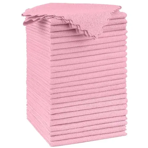 Orighty Microfiber Cleaning Cloth, 24 Pack Highly Absorbent Cleaning Supplies, Reusable Clean Rags for House, Microfiber Cloth for Kitchen, Window, Car Care, 11.5x11.5 inch Pink 