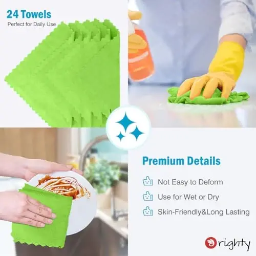 Orighty Microfiber Cleaning Cloth, 24 Pack Highly Absorbent Cleaning Supplies, Reusable Clean Rags for House, Microfiber Cloth for Kitchen, Window, Car Care, 11.5x11.5 inch Green - 6