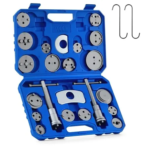 Orion Motor Tech Brake Caliper Wind Back Tool Kit, 24pc Brake Caliper Compression Tool Set with Thrust Bolt Assemblies Retaining Plates Caliper Hangers 18 Disc Adapters, Caliper Tool with Case, Black - 1