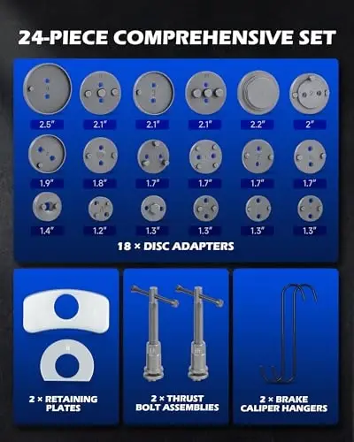 Orion Motor Tech Brake Caliper Wind Back Tool Kit, 24pc Brake Caliper Compression Tool Set with Thrust Bolt Assemblies Retaining Plates Caliper Hangers 18 Disc Adapters, Caliper Tool with Case - 3