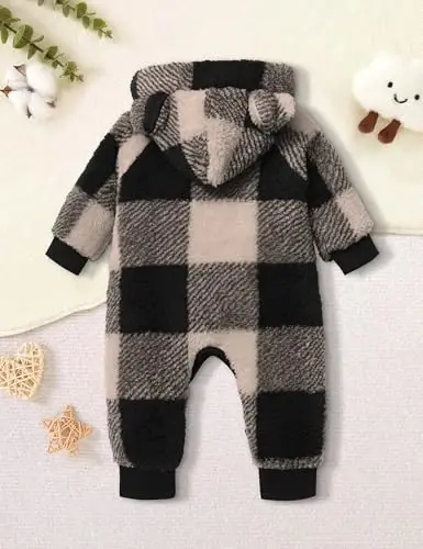 Oranchids Baby Boy Clothes Winter Snowsuit Plaid Fleece Jumpsuit Bear Ear Hooded Romper Zipper Onesie Warm Infant Coat Outfit - 5