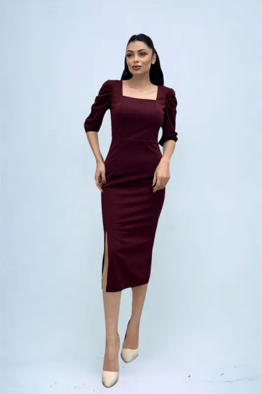 Örme Krep Kumaş Kare Yaka Yırtmaçlı Elbise - BORDO - 4