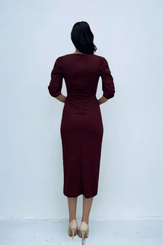 Örme Krep Kumaş Kare Yaka Yırtmaçlı Elbise - BORDO - 5