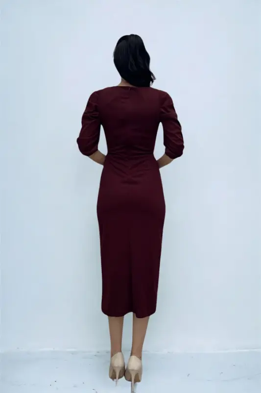 Örme Krep Kumaş Kare Yaka Yırtmaçlı Elbise - BORDO - 5