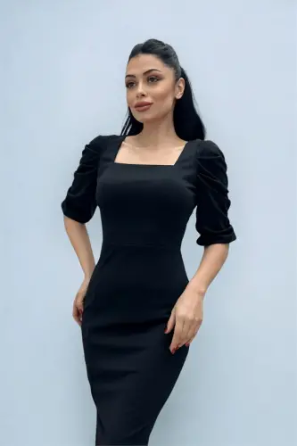 Örme Krep Kumaş Kare Yaka Yırtmaçlı Elbise - SİYAH - 3