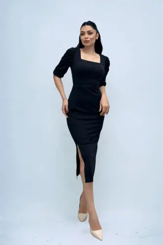 Örme Krep Kumaş Kare Yaka Yırtmaçlı Elbise - SİYAH - 4