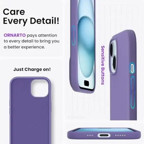 ORNARTO Compatible with iPhone 15 Case 6.1, Slim Liquid Silicone 3 Layers Full Covered Soft Gel Rubber Phone Case, Anti-Scratch Shockproof Protective Cover 6.1 Inch, Amethyst - 5