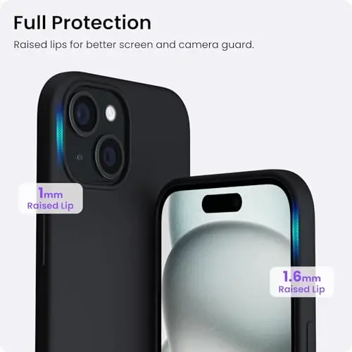ORNARTO Compatible with iPhone 15 Case 6.1, Slim Liquid Silicone 3 Layers Full Covered Soft Gel Rubber Phone Case, Anti-Scratch Shockproof Protective Cover 6.1 Inch, Black 